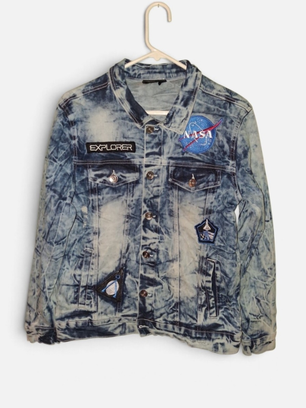 Y2K Acid Washed Embroidered Spacewear NASA Denim Jacket WT02 Men's M